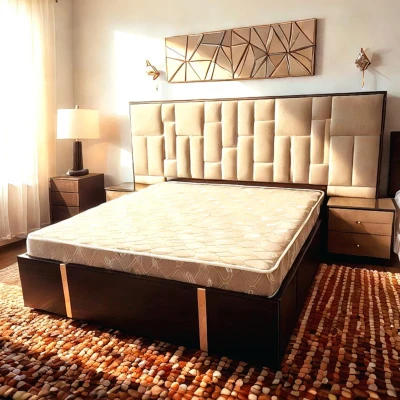 Modern Beige Velvet Bed with Designer Padded Headboard